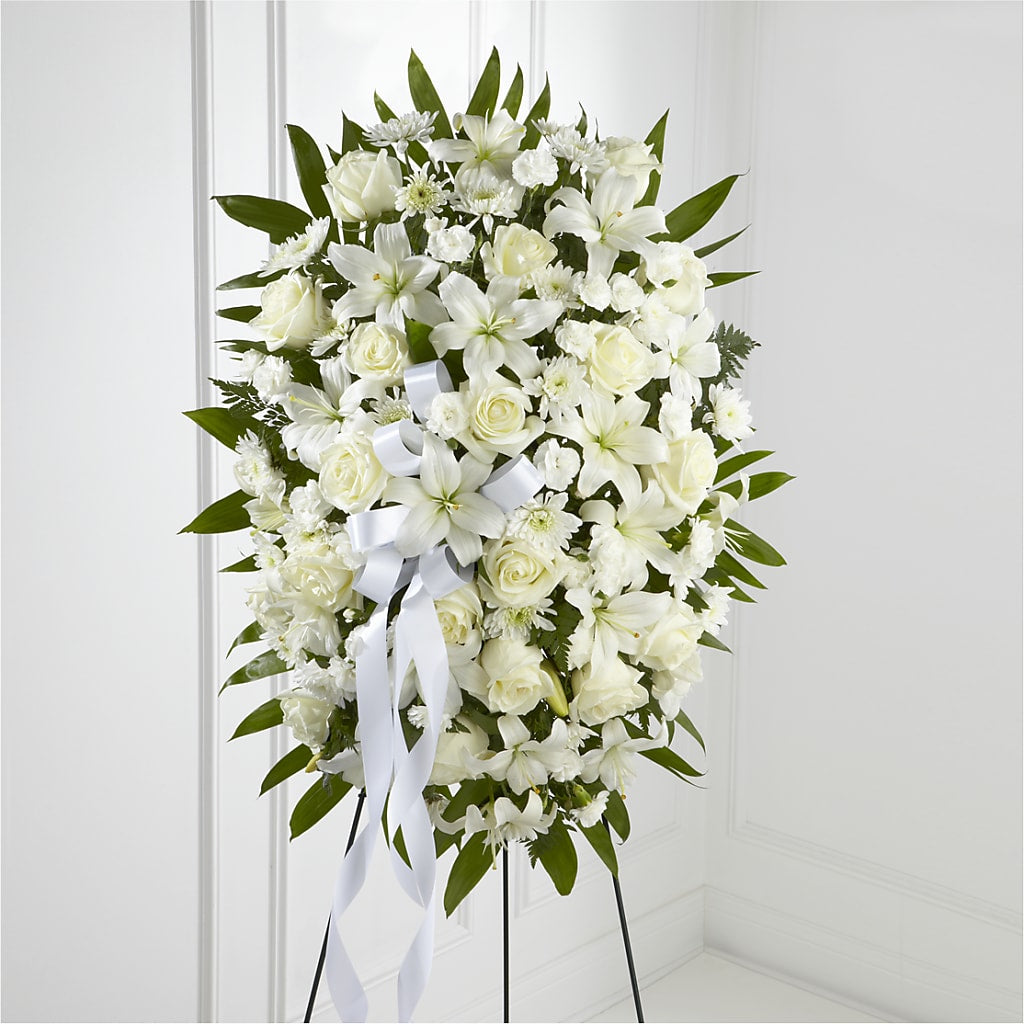 Exquisite Tribute Standing Spray-White Ribbon – WILL & DEE'S FLORIST, Florence AL