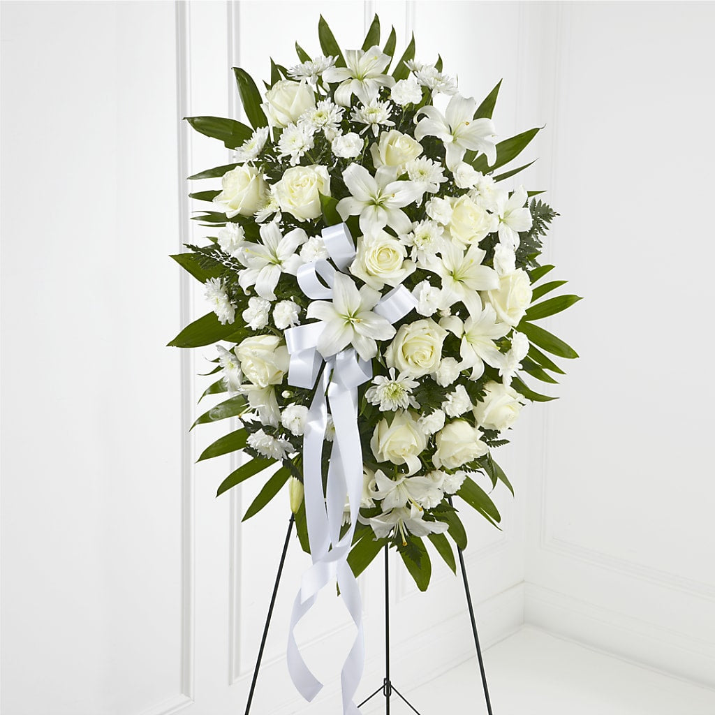 Exquisite Tribute Standing Spray-White Ribbon – WILL & DEE'S FLORIST, Florence AL